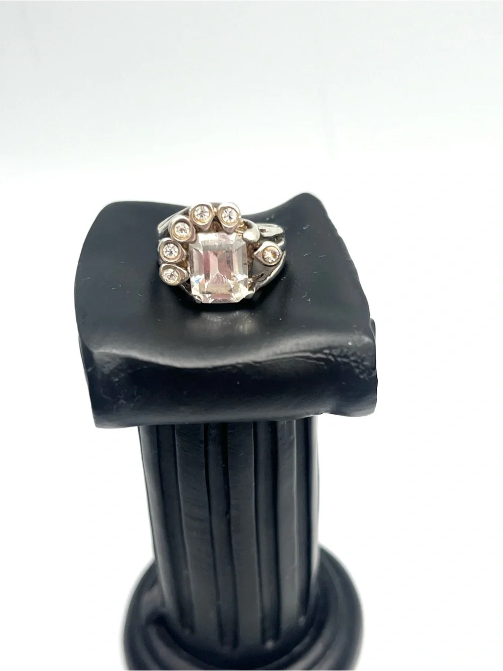 Eisenberg Vintage Sterling Silver Clear Emerald-Cut Cluster Cocktail Ring White